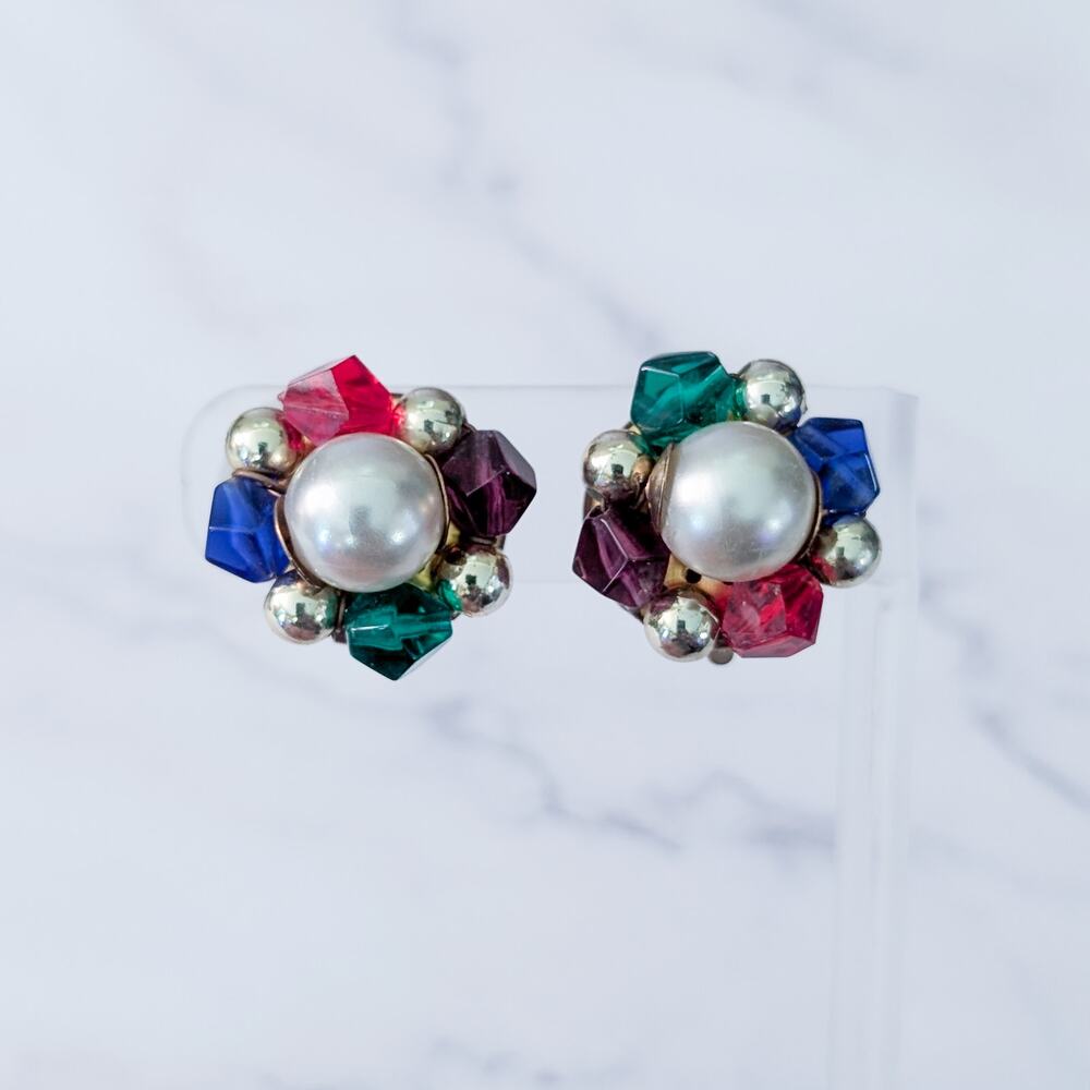 Vintage Clip On Earrings Multi Colored Cluster 7/8" Retro